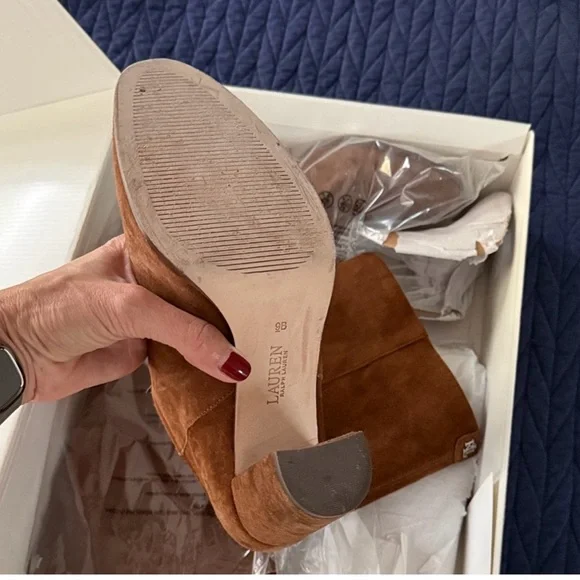 Lauren Ralph Lauren brown suede boots woman 9 Artizan II high heals cognac - Picture 3 of 5